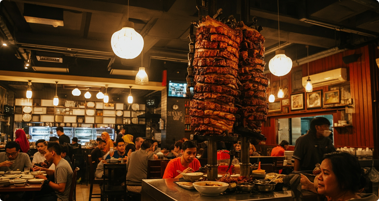 Interior of a slow roast restaurant packed with people in Malaysia